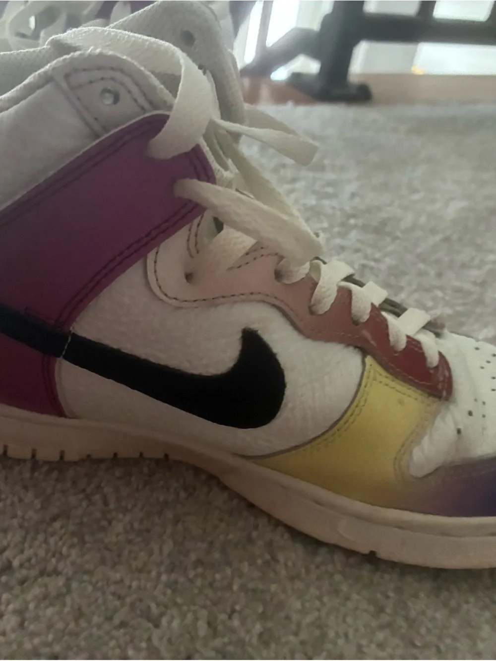 Nike Women’s White Sneakers with Purple, Pink and Yellow Panels